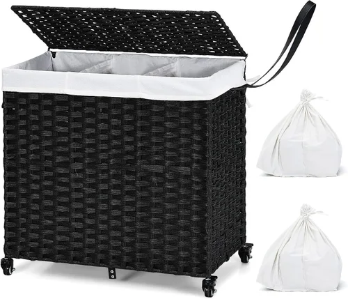 GOFLAME Cesta de lavandería con tapa y ruedas, cesta de ratán tejida a mano de 125 litros con 3 secciones divididas, asas, 2 bolsas extraíbles y