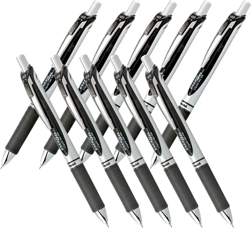 Pentel New EnerGel Deluxe RTX - Bolígrafo retráctil de gel líquido, punta ultrafina de 0,3 mm, trazo fino, punta de aguja, tinta negra, juego de 10