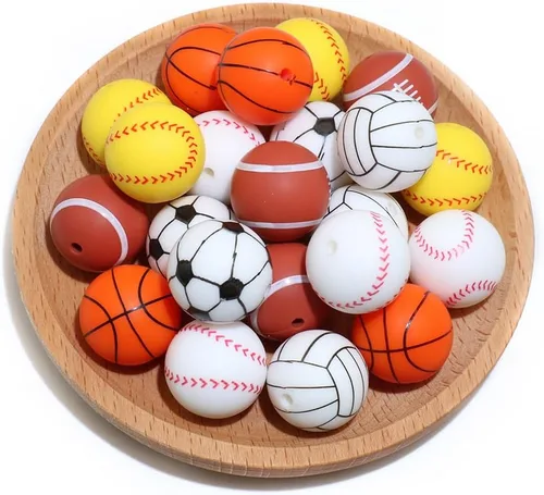 Miniatura 9 de 36 cuentas de silicona para fabricación de llaveros de 0.47 pulgadas y 0.59 pulgadas a granel de béisbol, baloncesto, fútbol, deporte, focal