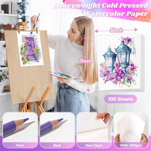 Miniatura 2 de 100 hojas de papel para acuarela, papel blanco de acuarela de 5"x7" a granel, papel de artista de 140 libras/300 g prensado en frío sin ácidos