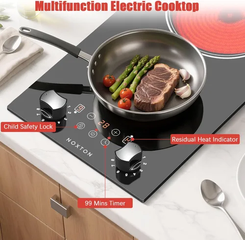 Miniatura 7 de Noxton Placa eléctrica de 2 quemadores, estufa de cerámica radiante de 12 pulgadas 110 V con perilla y control táctil, placa eléctrica incorporada