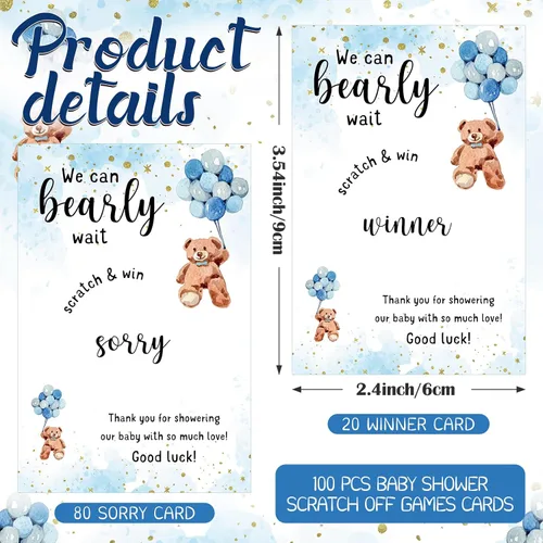 Miniatura 2 de Affrolling 100 tarjetas para raspar con diseño de oso para baby shower, para invitados, We Can Bearly Wait, agradecimiento, revelación de género