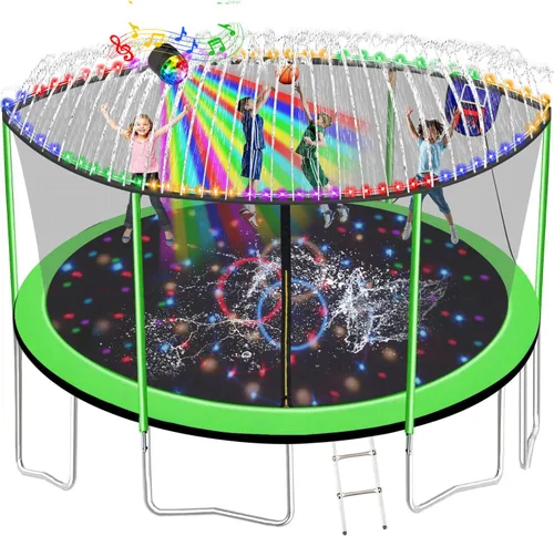 Miniatura 13 de Trampolín de 1500 libras, 10 pies, 12 pies, 14 pies, 15 pies, 16 pies, con luces LED, rociador, altavoz de música y calcetines, trampolín