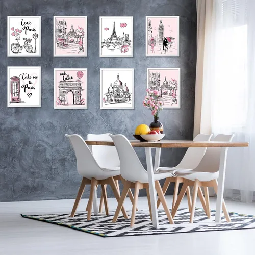 Miniatura 5 de Pajean 9 piezas de decoración de París para dormitorio, baño, arte de pared rosa de París, Torre Eiffel, impresiones artísticas románticas