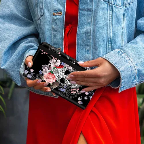 Miniatura 7 de Cartera de cuero con función de bloqueo RFID para hombres y mujeres, Calavera de alfeñique, Casual