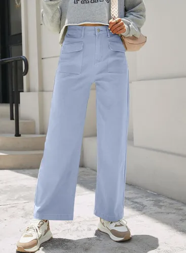 Miniatura 2 de Dokotoo Pantalones cargo para mujer, holgados, de pierna ancha, cintura alta, pantalones casuales de jean elásticos
