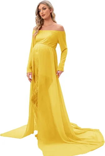 Miniatura 2 de ZIUMUDY Vestido de sesión de fotos de maternidad de manga larga con hombros descubiertos, vestido de encaje ajustado con capa larga de gasa trian