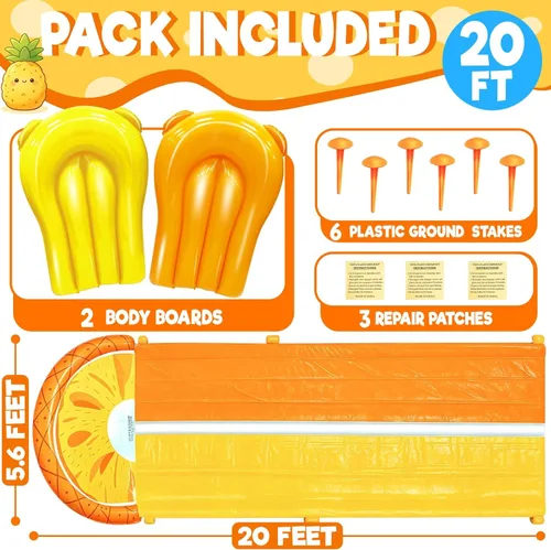 Miniatura 2 de iGeeKid Toboganes de agua de piña con 2 tablas de bodyboards para niños y adultos, juguetes de agua resistentes, aspersores, 2 carriles de carreras