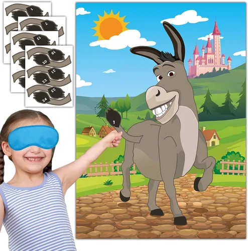 Joy Bang Ponle la cola al burro para niños con pegatinas de cola y máscaras para los ojos, juegos de fiesta de cumpleaños para niños y niñas,