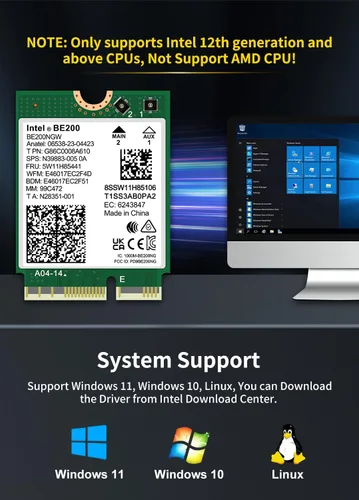 Miniatura 5 de Tarjeta WiFi 7 Intel BE200 NGW, Bluetooth 5.4, 5800Mbps M.2/NGFF, compatible con Windows 10/11 (64bit), Linux, no compatible con AMD, solo