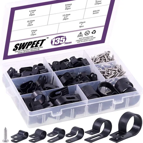 Swpeet Paquete de 135 clips de cable tipo R de nailon negro de 6 tamaños, 1/4 pulgadas, 5/16 pulgadas, 3/8 pulgadas, 1/2 pulgadas, 3/4 pulgadas, 1