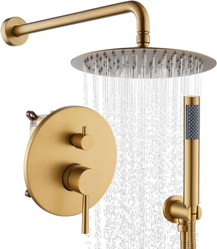 CASAINC Kit de válvula de ducha y molduras, cabezal de ducha de lluvia redondo de 10 pulgadas, 2 funciones, con sistema de ducha de mano montado en