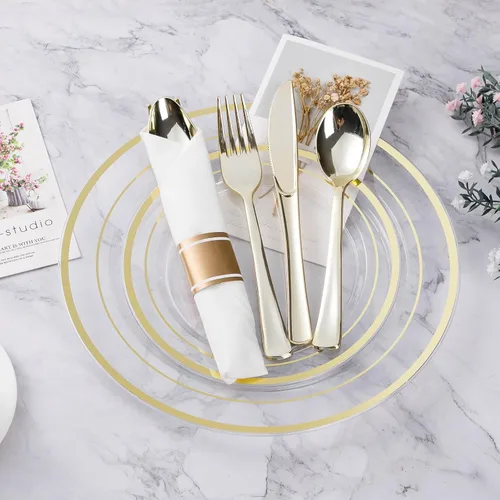 Miniatura 2 de BESTVIP - Juego de vajilla de plástico dorado transparente de 350 piezas para 50 invitados, plato desechable para fiestas de Navidad y Año Nuevo