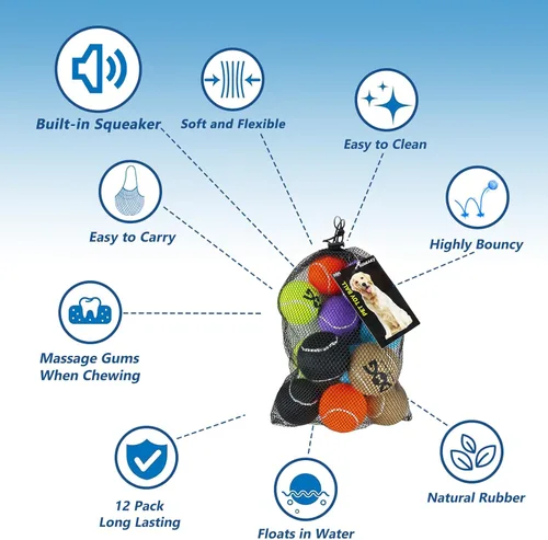 Miniatura 7 de INSUM Pelotas de tenis chirriantes para perros - 12 unidades de 6.35 cm Juguetes para perros duraderos no tóxicos para exteriores con bolsa