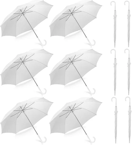 Liberty Imports Paquete de 12 sombrillas de palo estilo boda de 46 pulgadas, toldo grande, resistente al viento, apertura automática, mango de Blanco
