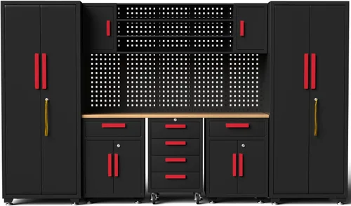 Miniatura 18 de Juego de taller de esquina, 10 gabinetes de garaje y sistema de almacenamiento con gabinete de esquina, cajones de gabinete, banco de trabajo