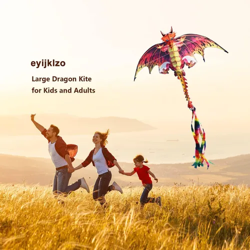 Miniatura 6 de eyijklzo Cometa de dragón verde hermosa y fácil de volar para niños y adultos con cola larga y colorida, accesorios fáciles de volar