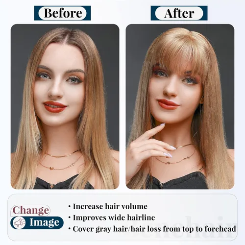 Miniatura 5 de Benehair Peluca de cabello con clip con flequillo, peluca secreta de cabello 100% humano, postizo superior con flecos, peluca de repuesto