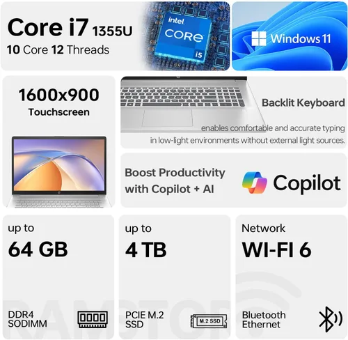 Miniatura 2 de HP Laptop Essential 2023, pantalla táctil HD+ de 17.3", Intel Core i7-1355U de 13ª generación, 32 GB de RAM, SSD PCIe de 1 TB, cámara web, KB
