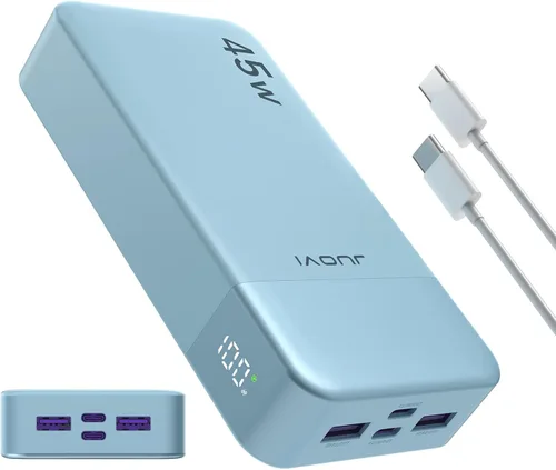 JUOVI Banco de Energía, Cargador Portátil de 20000mAh 45W, Carga Rápida PD3.0 QC4.0 con Pantalla LED, 2 USB-C, 2 USB-A, Paquete de Batería para Azul