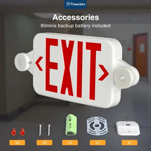 Miniatura 6 de FREELICHT Paquete de 12 letreros de salida LED rojos con luces de emergencia, dos cabezales ajustables, luz de salida de batería, cable duro