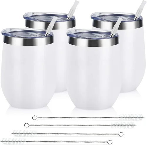 Miniatura 23 de Paquete de 12 vasos de vino de acero inoxidable, 12 onzas, doble pared, aislados al vacío, con tapas y pajitas, copas de vino sin tallo de acero Oro