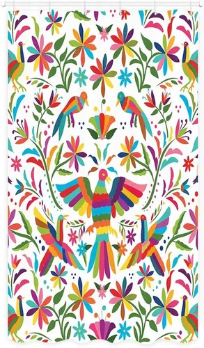 Cortina de ducha con diseño floral de México, para baño, estilo tradicional mexicano Bluebird Otomi, diseño brillante, tela de cachemira, tela de