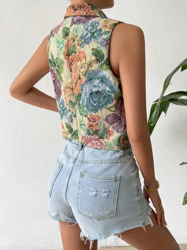 Miniatura 2 de WDIRARA Chaleco corto casual sin mangas con estampado floral y botones en la parte delantera
