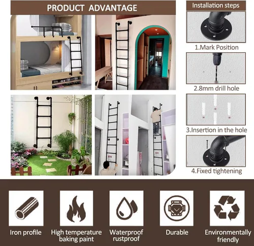 Miniatura 7 de Escalera de metal para litera de cama individual para dormitorio tipo loft, montada en la pared, para el hogar, ático, escalera de escalada