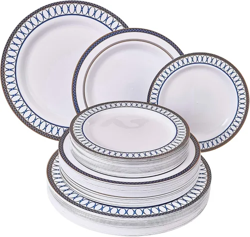 Silver Spoons Juego de vajilla desechable | Platos de plástico resistente | Elegante aspecto fino de porcelana | Incluye: 20 platos llanos, 20