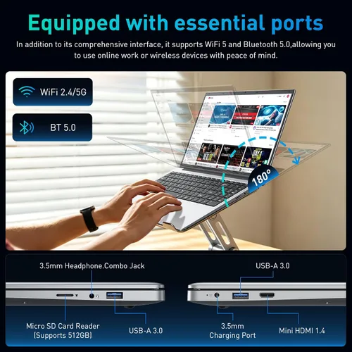 Miniatura 4 de portátil de 15.6" FHD, 12 GB RAM 256 GB SSD, Intel Celeron N4000, computadora portátil Win 11 Essential para estudiantes, clases en línea, hogar
