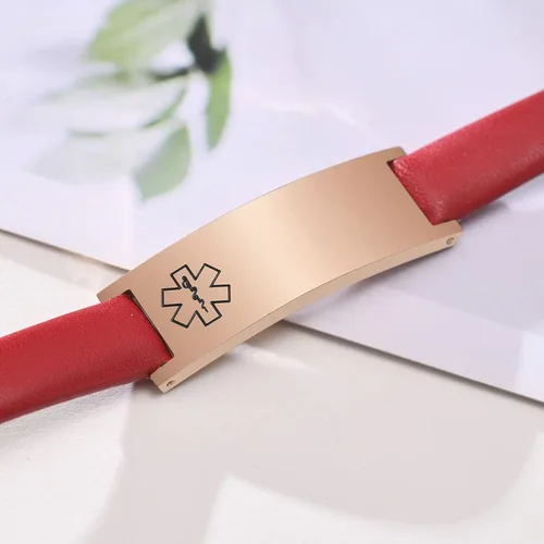 Miniatura 54 de MPRAINBOW Pulsera de alerta médica personalizada para mujer, correa de reloj de cuero genuino, grabado de doble cara, diabetes, epilepsia, joyería