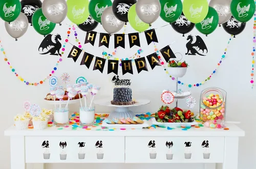 Miniatura 7 de Decoraciones de fiesta de cumpleaños de dragón, temática de mazmorras y dragones, suministros de fiesta de fantasía, incluyendo decoración y adornos