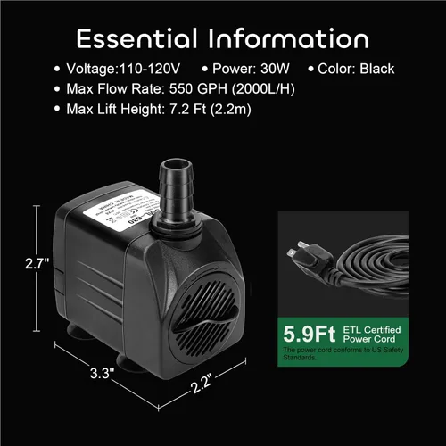 Miniatura 5 de GROWNEER Paquete de 2 bombas sumergibles de 550 GPH de 30 W, bomba de agua ultra silenciosa, 2000 L/H, con elevación de 7.2 pies, 3 boquillas