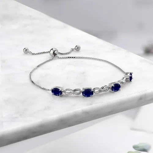 Miniatura 3 de Gem Stone King Pulsera de tenis de plata de ley 925 con zafiro azul y diamante blanco cultivado en laboratorio para mujer