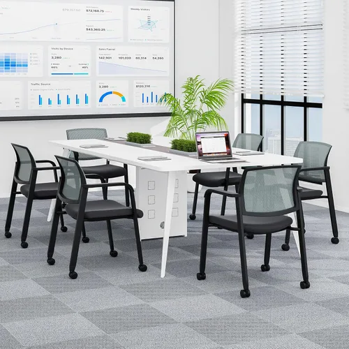 Miniatura 9 de Giantex Juego de 2 sillas de sala de espera, sillas de escritorio de oficina con ruedas de poliuretano, reposabrazos, silla apilable para oficina