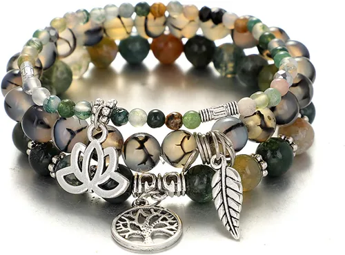 UEUC - Pulseras Reiki, apilables, de piedras curativas, cristales, con dije del árbol de la vida, yoga y hoja de loto, contra la ansiedad y para el