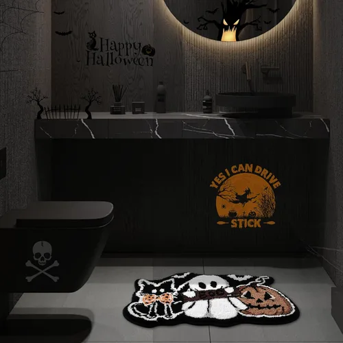 Miniatura 9 de Tapete de baño de gato negro, fantasma, calabaza, 21 x 32 pulgadas, suave y absorbente, tapete de baño de Halloween, antideslizante, lavable