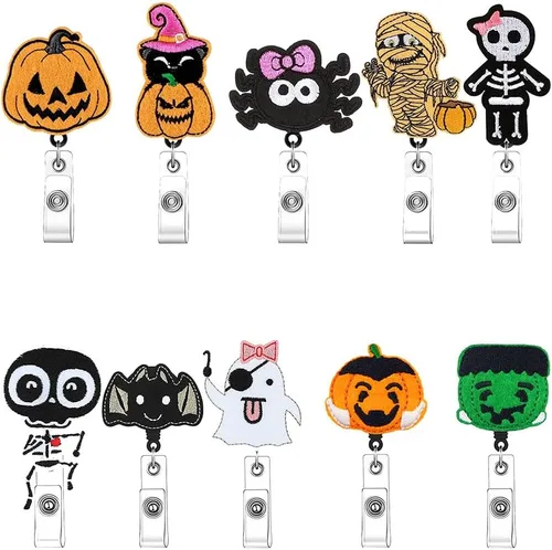 Miniatura 10 de Portatarjetas para carretes de insignias, 10 paquetes retráctiles lindos patrones de calavera de Halloween, trabajo, oficina, clip de cocodrilo