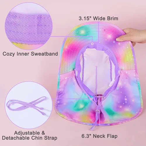 Miniatura 103 de Sombrero de sol para niños, protección UV, unicornio, verano, playa, jugar con ala ancha, solapa para el cuello para niñas y niños