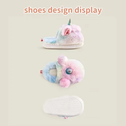 Miniatura 4 de Yooname Cute Unicorn Dinosaur Plush Warm Slippers for Kids Toddlers Girls Boys, Winter Cozy House Non-slip Slippers for Indoor Outdoor,Unicorn Gift