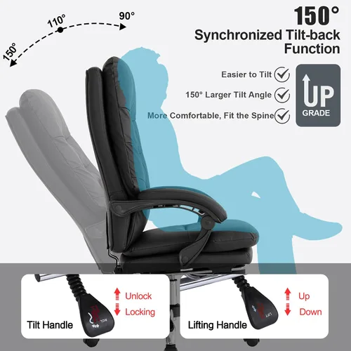 Miniatura 4 de Silla de oficina ejecutiva de masaje amasado con calefacción, silla reclinable de 90-135° con reposapiés, sillas de escritorio ergonómicas