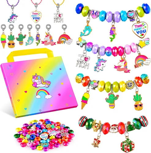 BDBKYWY Kit de fabricación de pulseras con dijes para niñas, suministros de joyería de unicornio para niños, juego de manualidades de bricolaje,