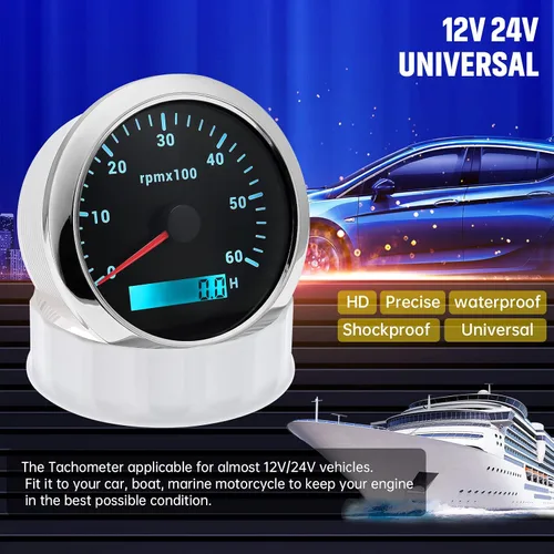 Miniatura 3 de ARTILAURA Tacómetro para Barco Tacometro 85mm 3-3/8" 6000 RPM Calibrador 7 Colores Impermeable para Marino Coche AUTO Camión 9-32V (Negro)