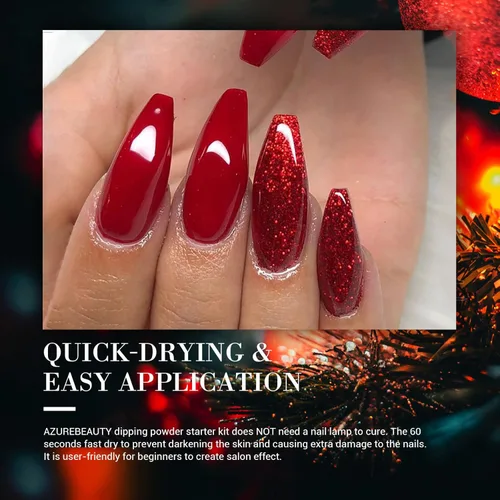 Miniatura 3 de AZUREBEAUTY Juego de uñas en polvo de inmersión, 6 colores con purpurina, rojo, verde, plateado, dorado, kit de iniciación de polvo de inmersión