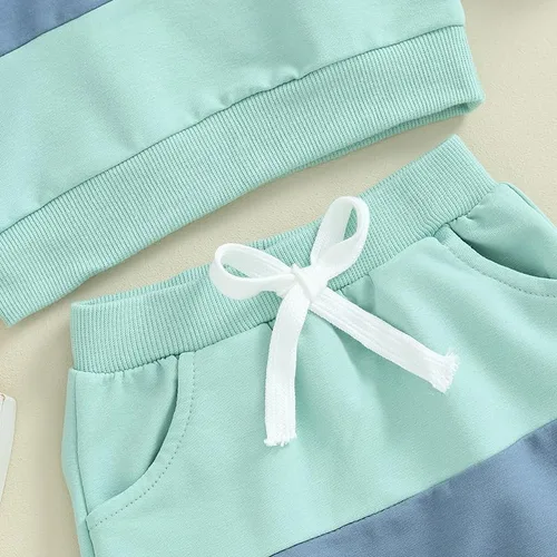 Miniatura 6 de Conjunto de pantalones para bebés y niños, sudadera larga con capucha y bloques de color, conjunto de ropa para otoño e invierno