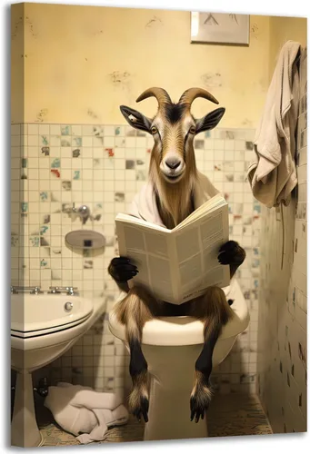 Miniatura 12 de GLOKAKA Lienzo decorativo para baño, diseño divertido de alpaca sentado en el inodoro, leyendo periódico, arte de pared, humor, granja, animal, arte