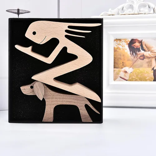 Miniatura 5 de ISHINE Estatua de madera decorativa de madera para hombre y perro, hecha a mano, tallada, creativa, regalo para la oficina en casa, para hombres