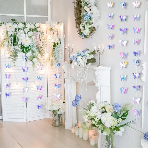 Miniatura 4 de Zonon 4 piezas de 4 guirnaldas de mariposas para decoración de fiesta, pancarta floral de mariposas, decoración colgante para jardín, boda