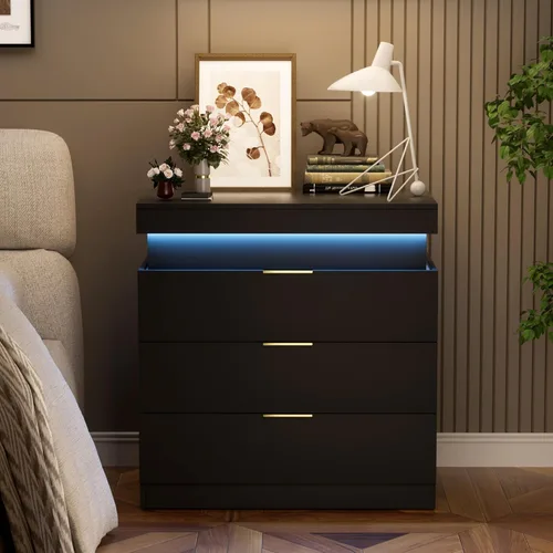 Miniatura 8 de Mesita de noche LED para dormitorio, moderna madera con 2 cajones, mesita de noche negra y dorada, mesa auxiliar con luz LED ajustable